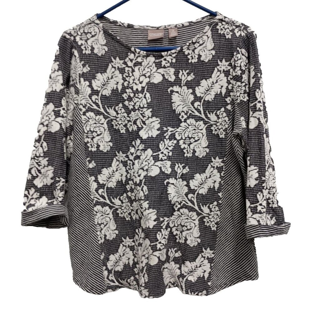 Chicos Womens Top Large Gray White Floral Textured 3/4 Sleeve Casual